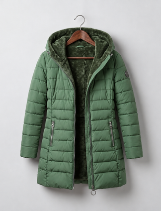 Anna hooded A-line winter coat in Dark Green