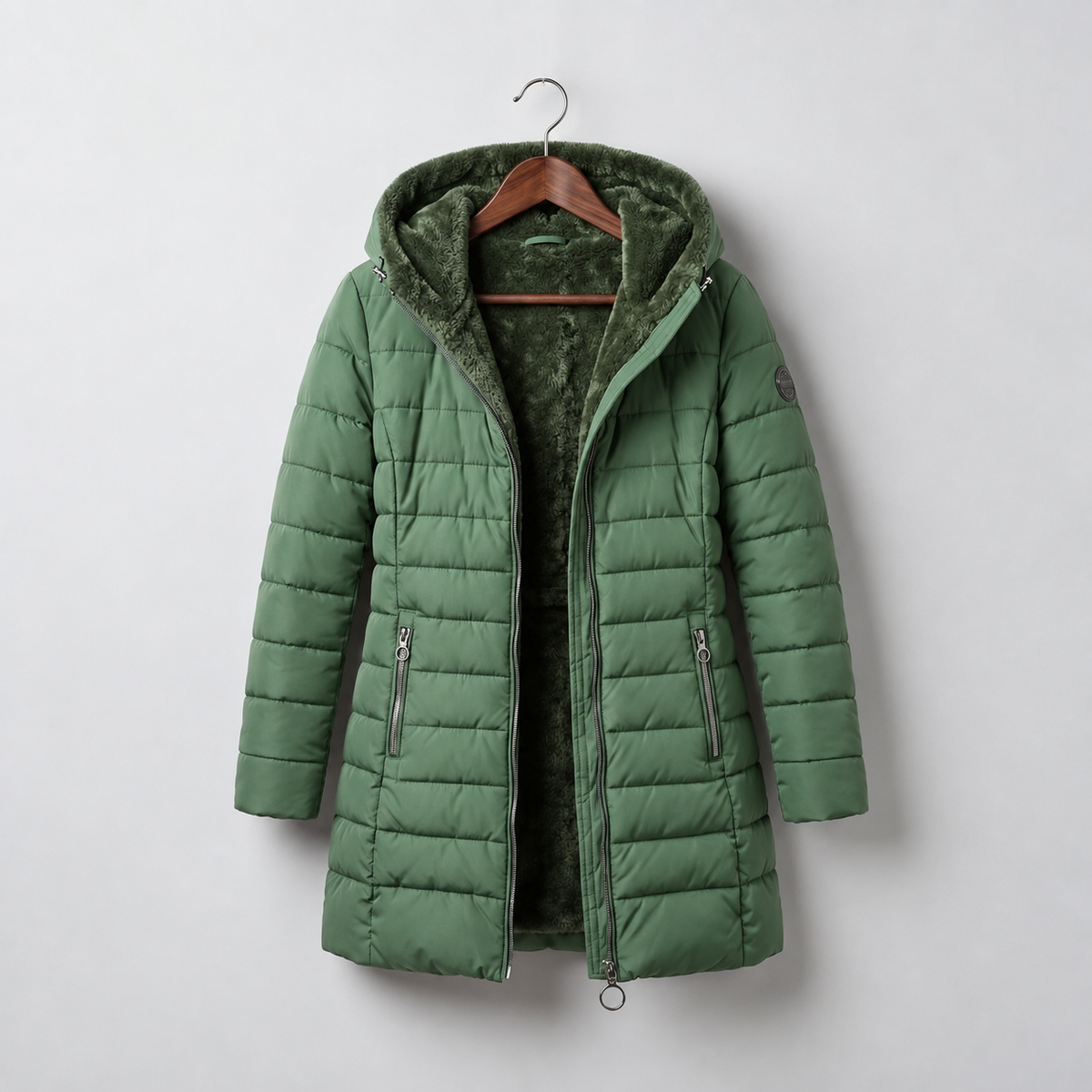 Anna hooded A-line winter coat in Dark Green