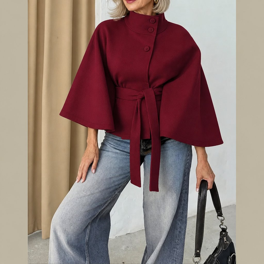 Arlette belted cape coat in burgundy