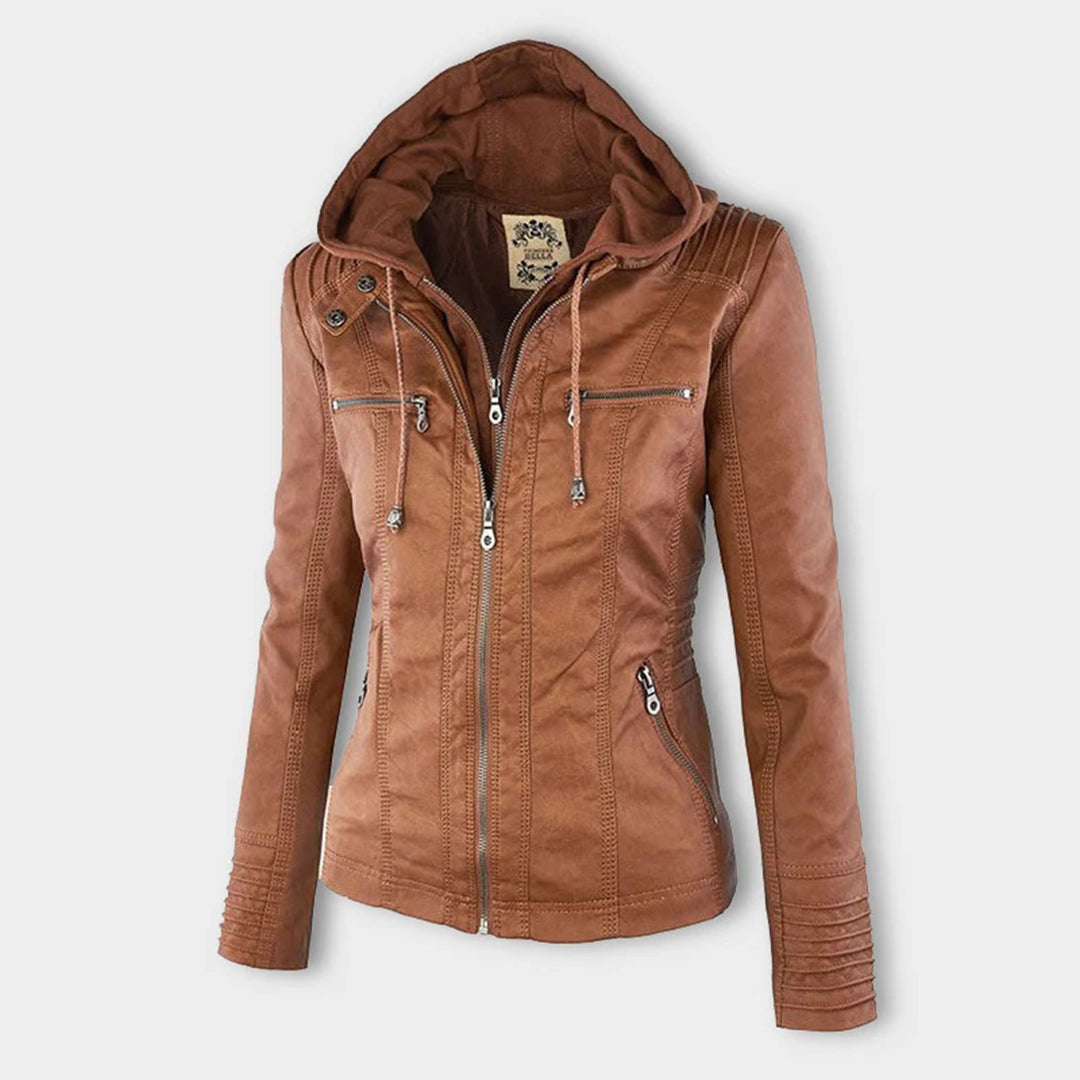Flavia Jacket in camel, hood up