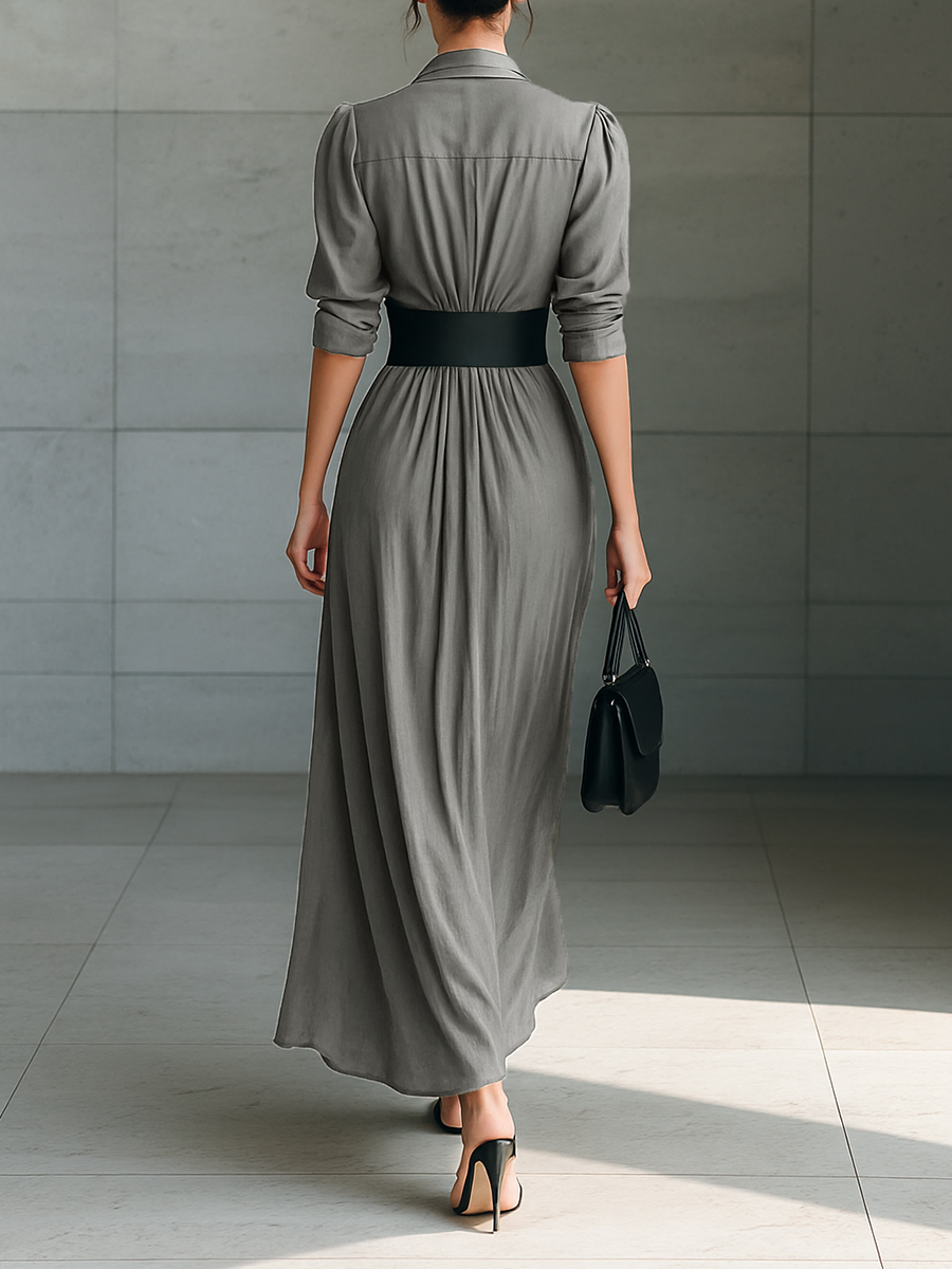 Cornelia | Long Pleated Dress with Lapel Collar