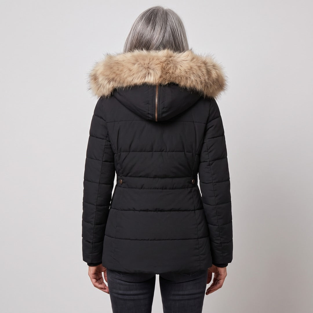 Margot winter coat in black, back view with the fluffy hood up