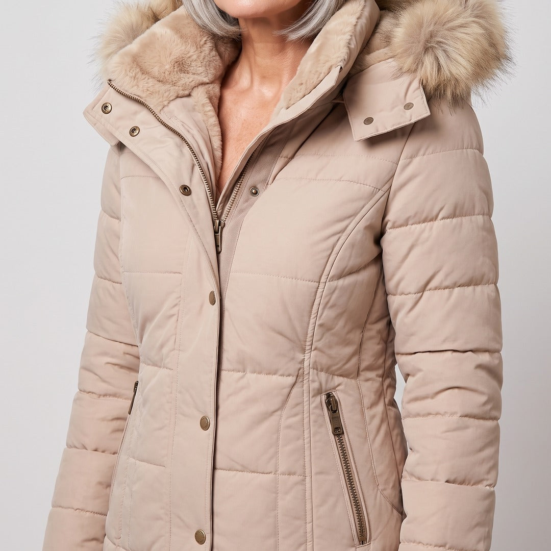Margot winter coat in beige, close-up of the fluffy hood and pockets