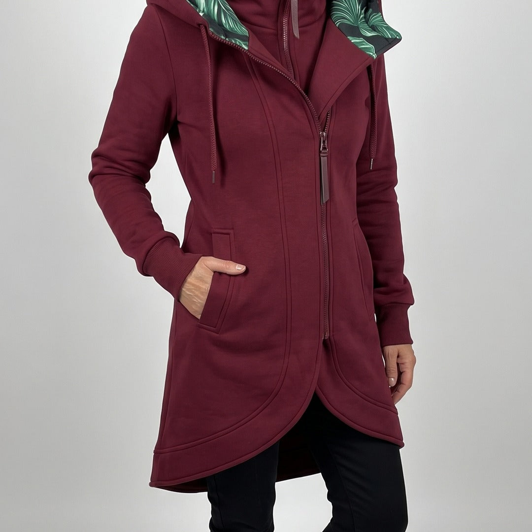 Nora coat in burgundy, front view