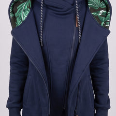 Nora coat in blue, close-up of the leaf print inside the hood