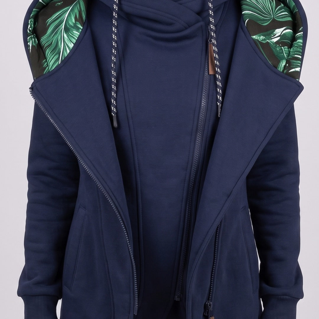 Nora coat in blue, close-up of the leaf print inside the hood