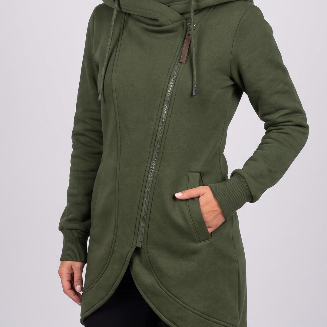 Nora coat in green, front view