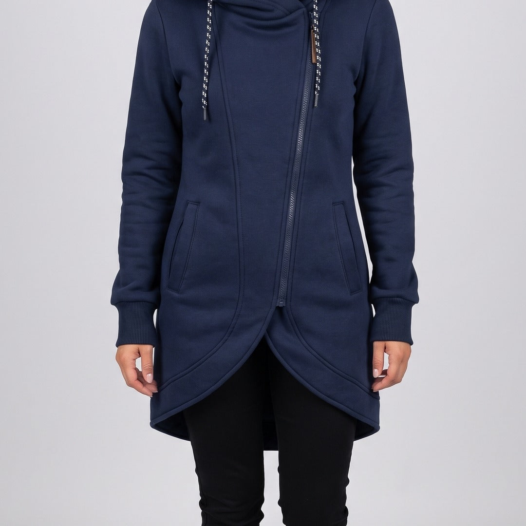 Nora coat in blue, front view