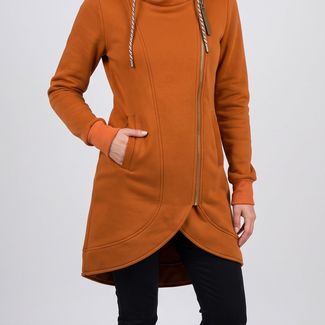 Nora coat in orange, front view