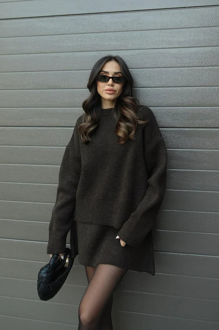 Beatrice two-piece sweater and skirt in Brown