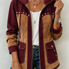 Verena | Warm Hooded Two-Tone Jacket - Burgundy & Camel