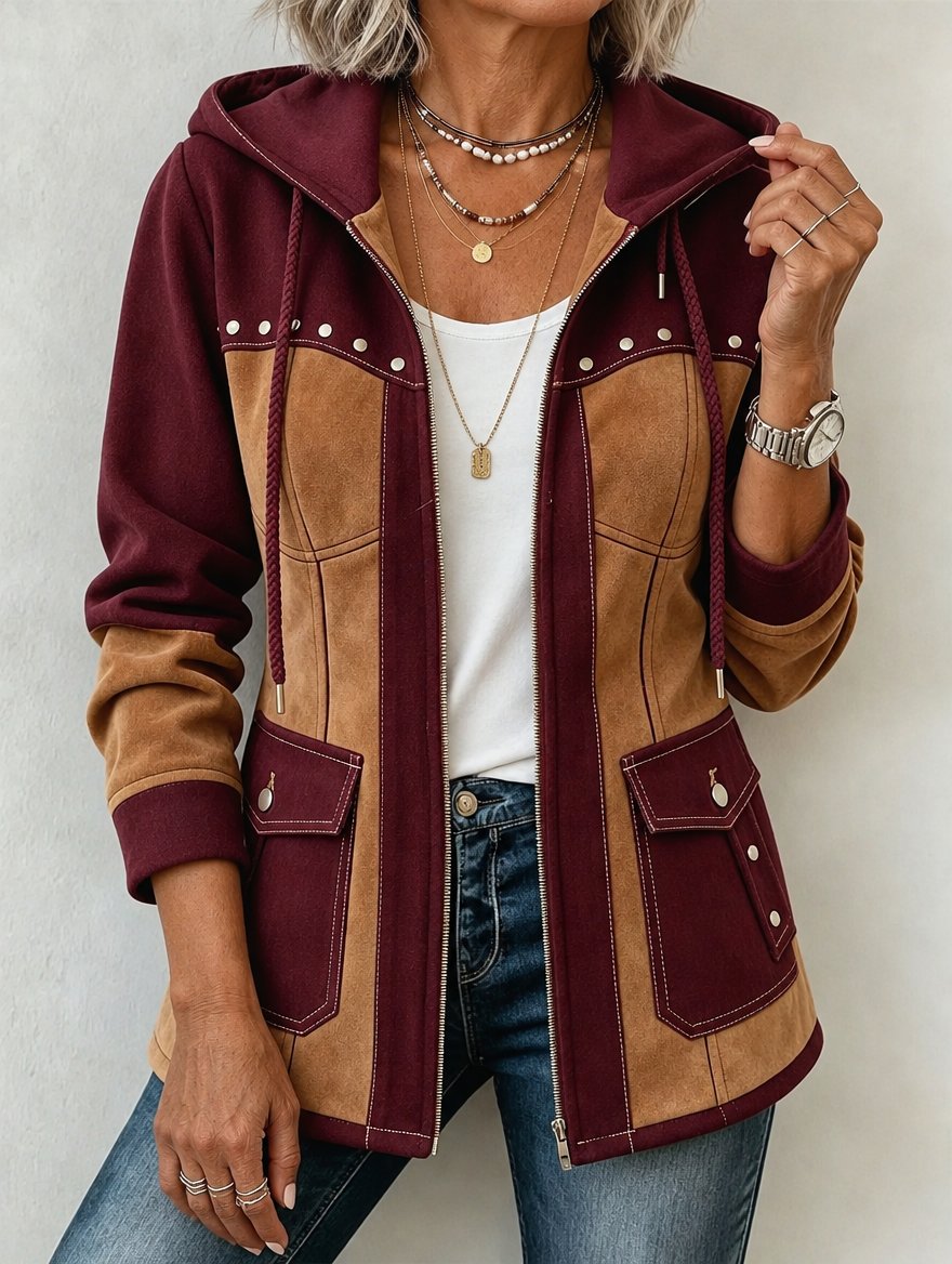 Verena | Warm Hooded Two-Tone Jacket - Burgundy & Camel