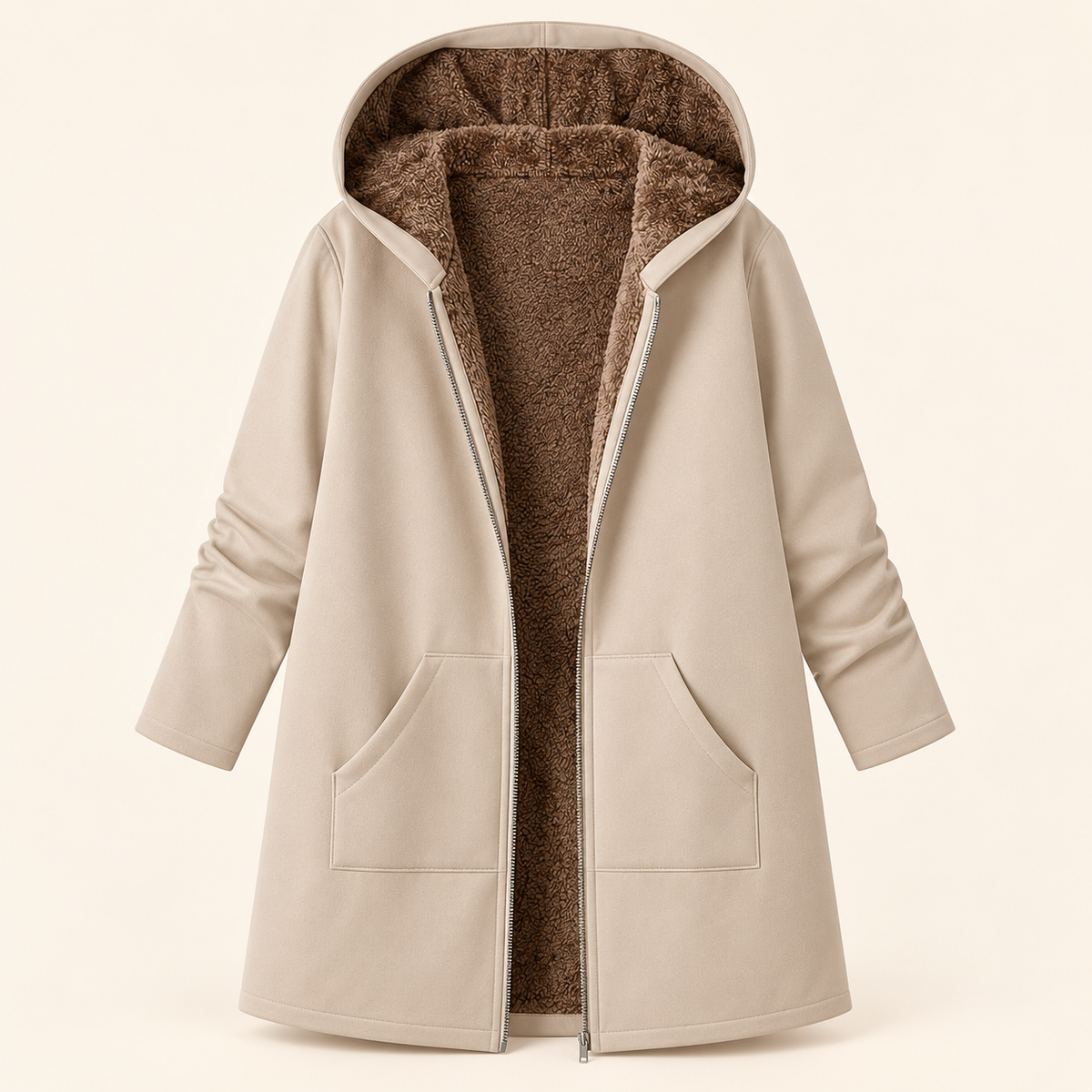 Evelyn cozy lined hooded coat in Khaki