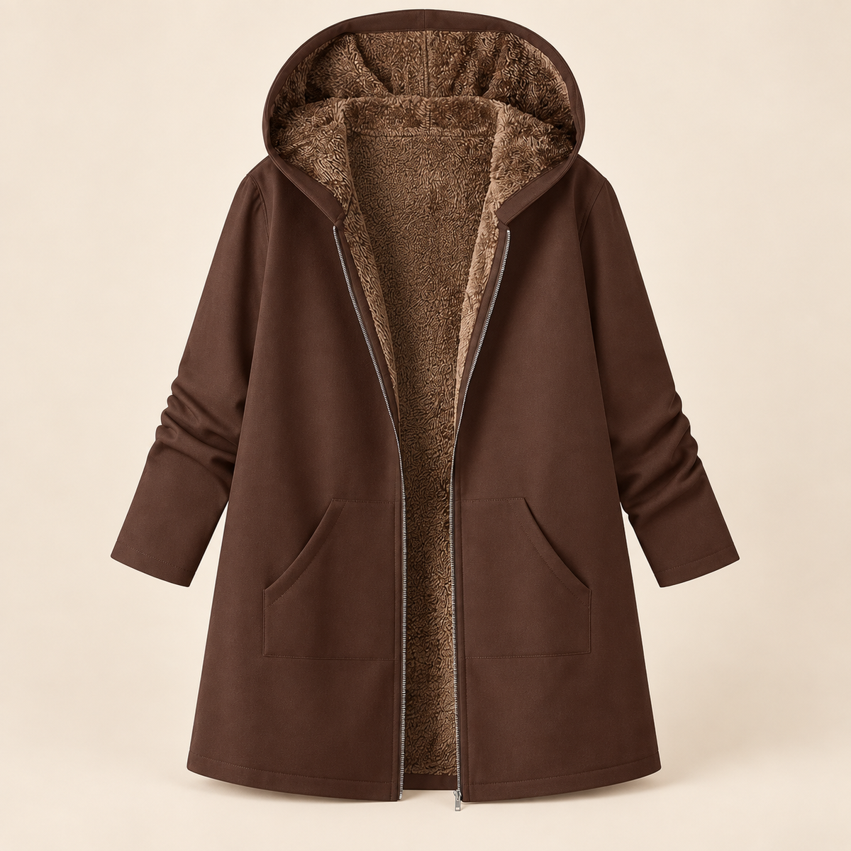 Evelyn cozy lined hooded coat in Coffee Brown