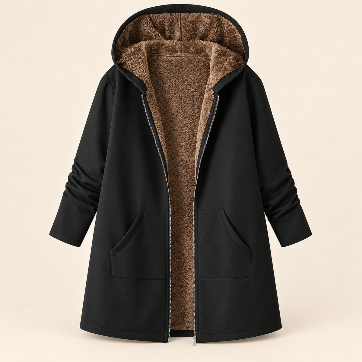 Evelyn cozy lined hooded coat in Black