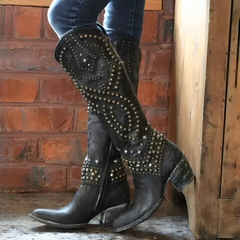 Rufa | Studded Western Knee-High Boots in Black
