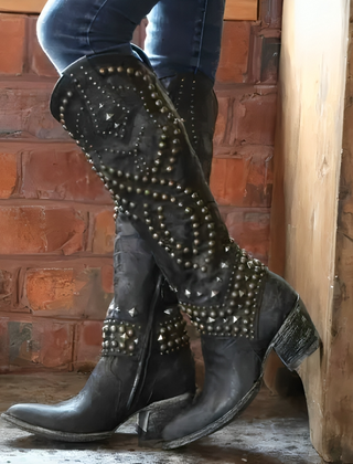 Rufa | Studded Western Knee-High Boots in Black