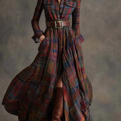 Carolina | Long Plaid Dress with Collar and Belt in Red