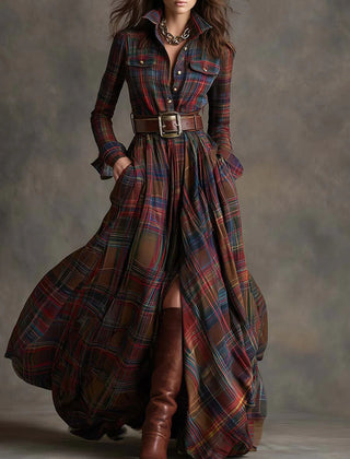 Carolina | Long Plaid Dress with Collar and Belt in Red