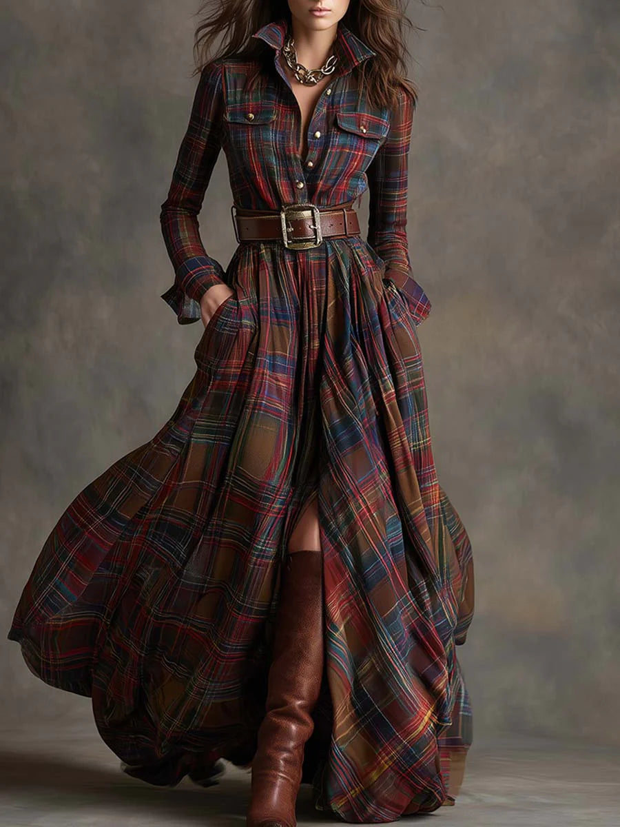 Carolina | Long Plaid Dress with Collar and Belt in Red
