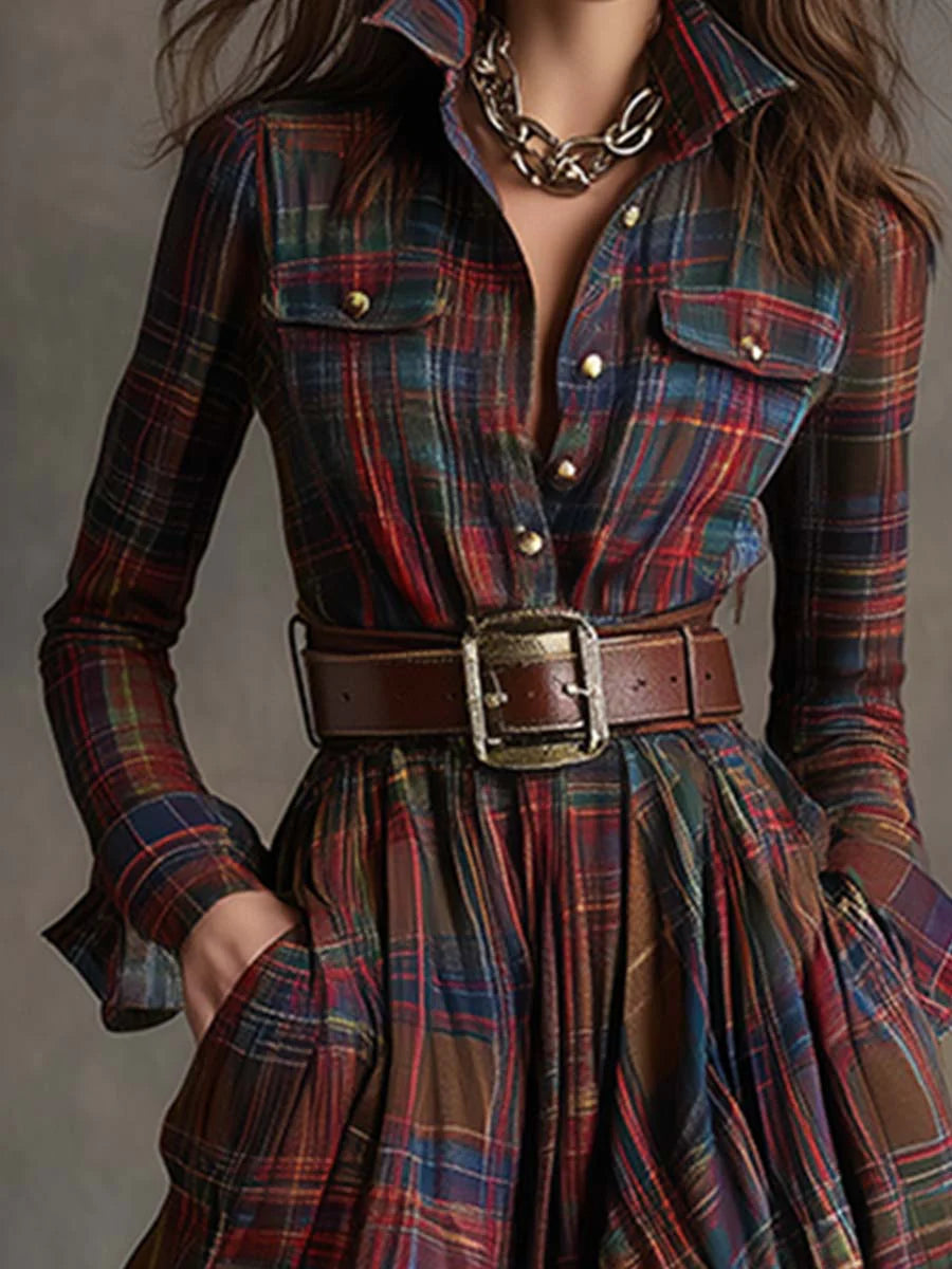 Carolina | Long Plaid Dress with Collar and Belt