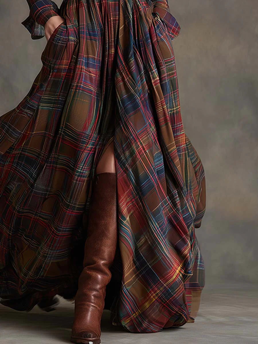 Carolina | Long Plaid Dress with Collar and Belt