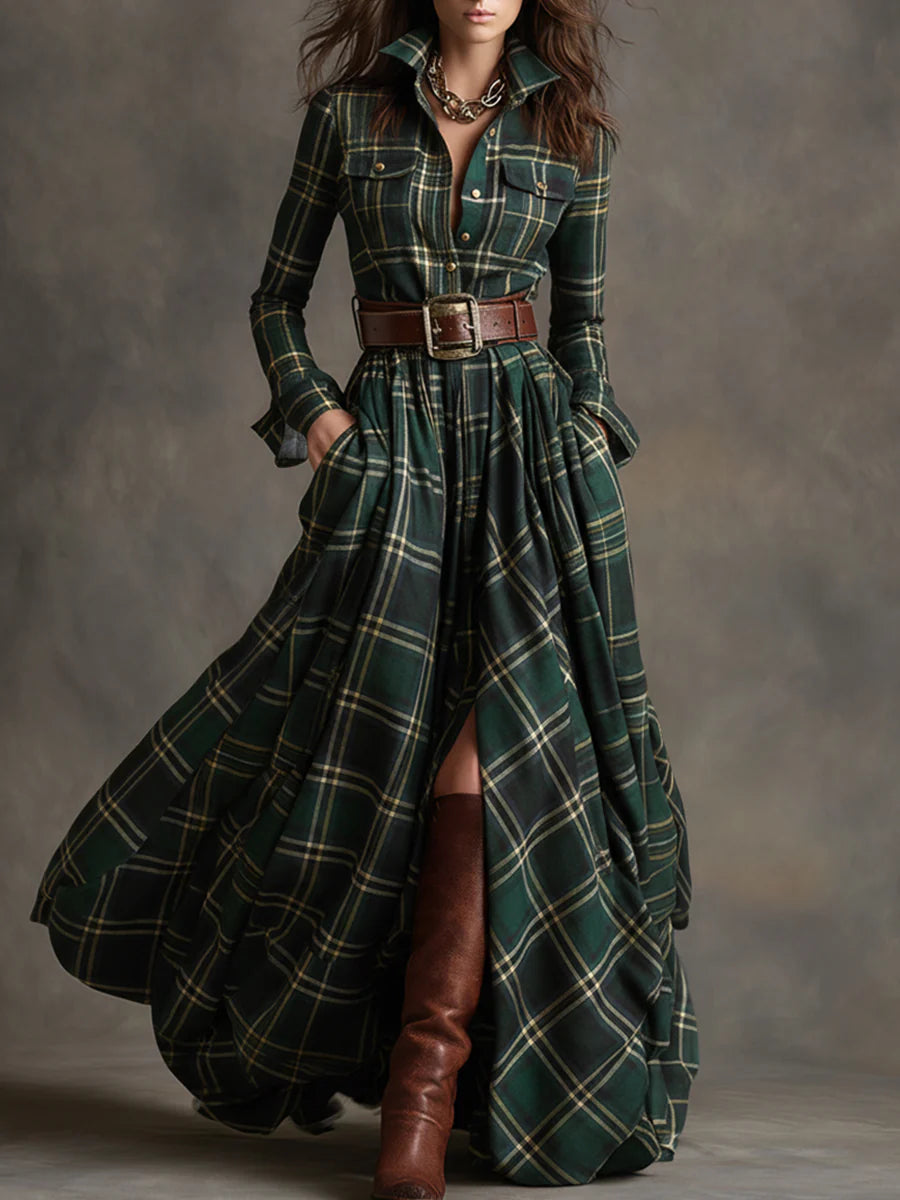 Carolina | Long Plaid Dress with Collar and Belt in Green