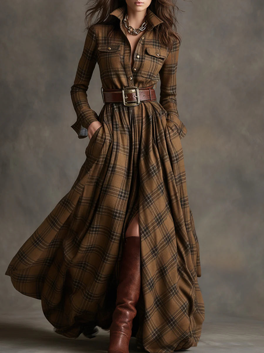 Carolina | Long Plaid Dress with Collar and Belt in Brown