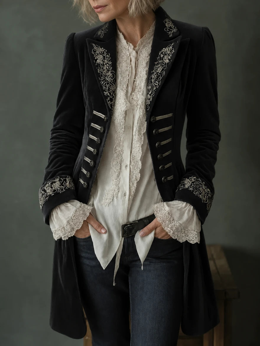 Odette | Elegant Embroidered Long Jacket - Black