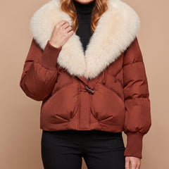 Elsie coat in rust, close-up of the big fluffy collar