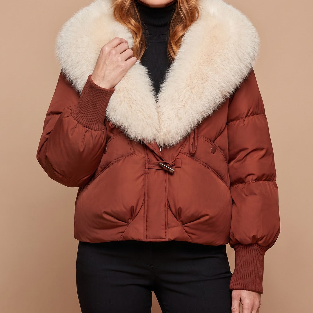 Elsie coat in rust, close-up of the big fluffy collar