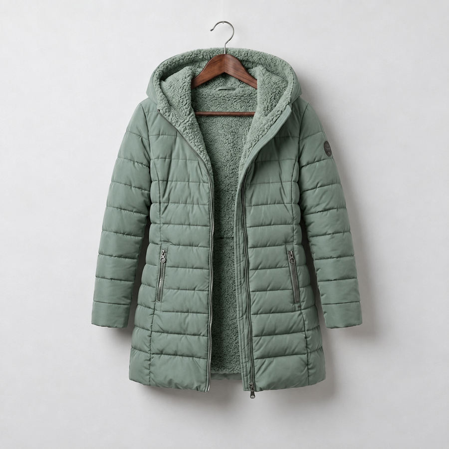 Anna hooded A-line winter coat in Sage Green