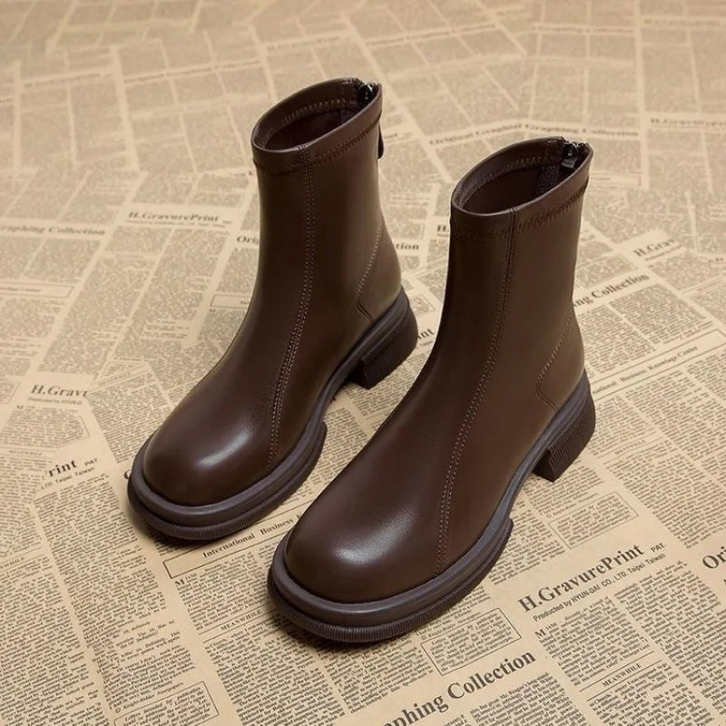 Isadora | Back-Zip Block Heel Ankle Boots in Brown