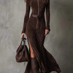 Allegra | Long Dress with Belt and Slit in Brown