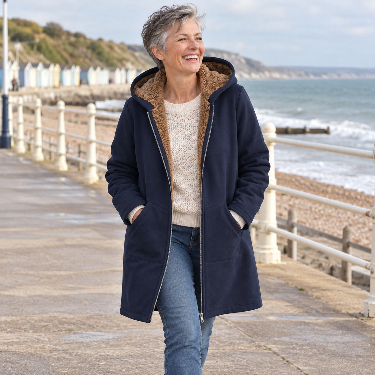 Evelyn cozy lined hooded coat in Navy Blue