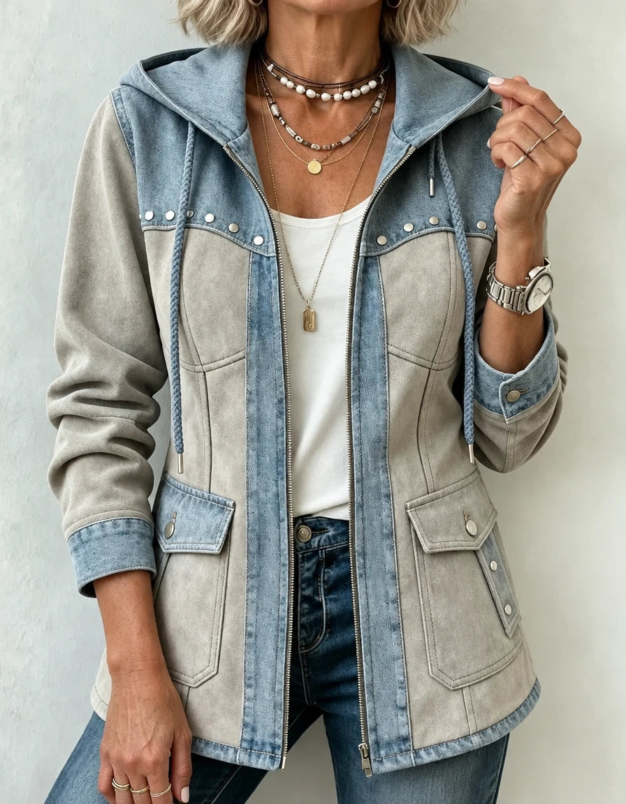 Verena | Warm Hooded Two-Tone Jacket - Gray & Light Blue