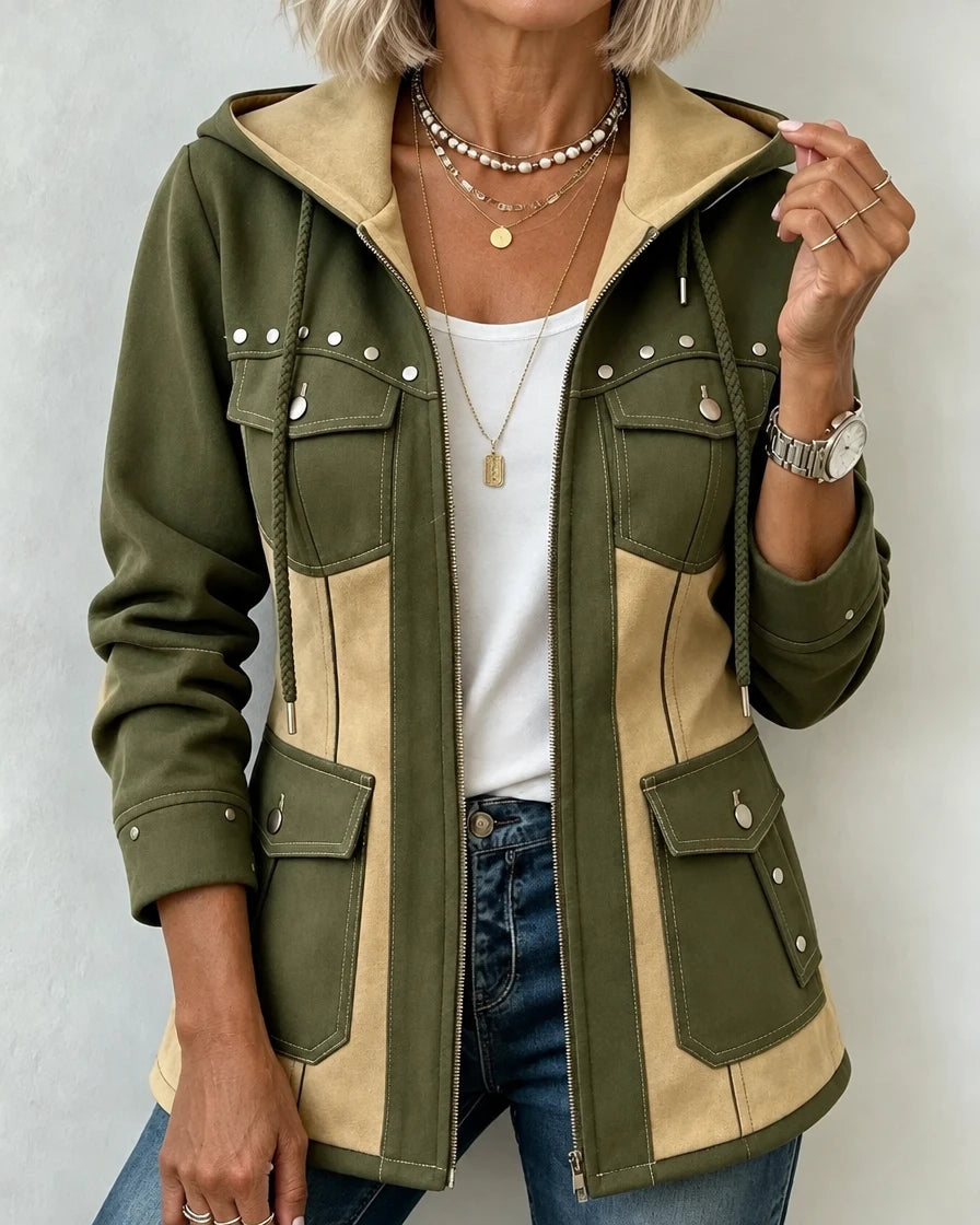 Verena | Warm Hooded Two-Tone Jacket - Olive & Beige