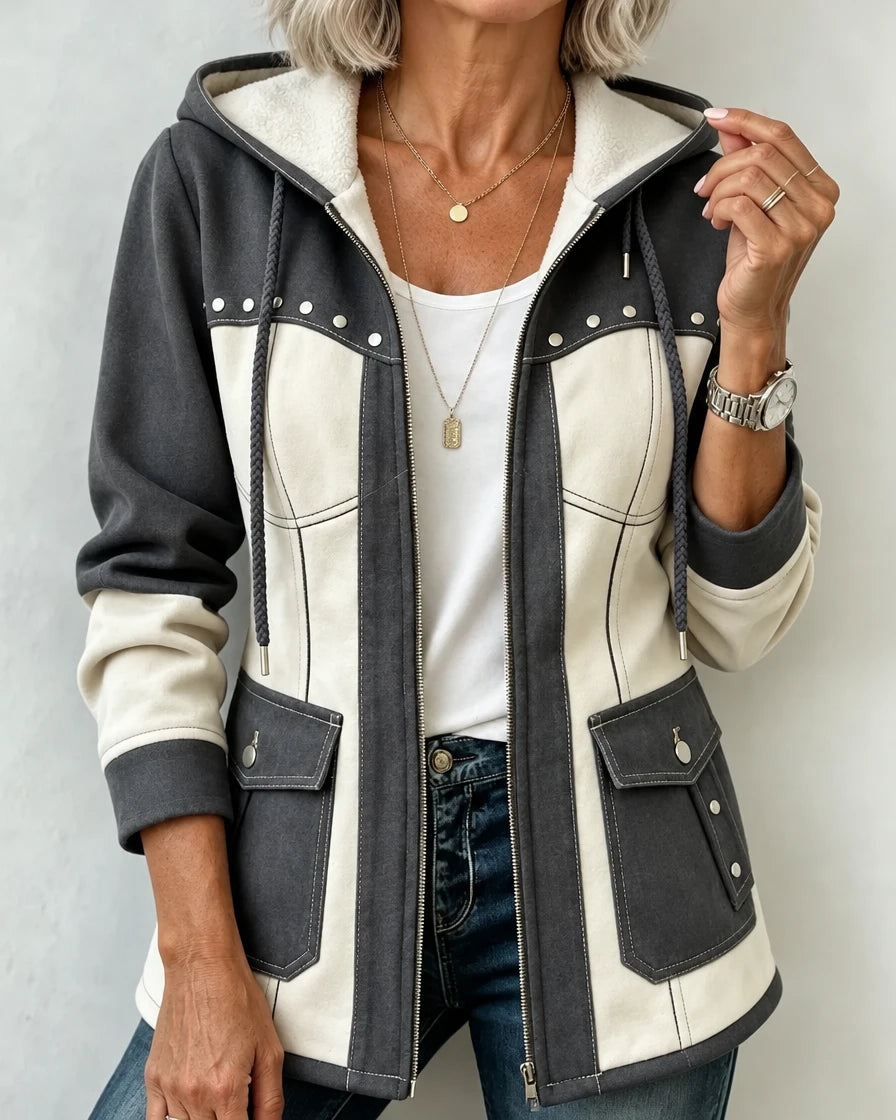 Verena | Warm Hooded Two-Tone Jacket - Gray & White