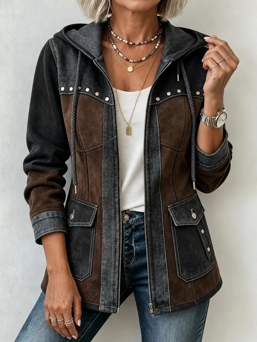 Verena | Warm Hooded Two-Tone Jacket - Gray & Brown