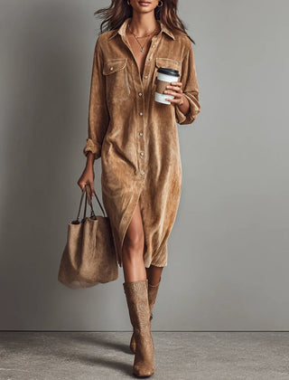 Bettina | Button-Front Midi Dress in Brown