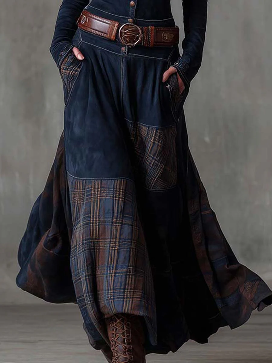 Aurelia | Long Dress with Plaid Panels and Belt