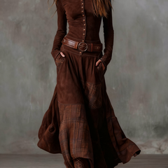 Aurelia | Long Dress with Plaid Panels and Belt in Brown