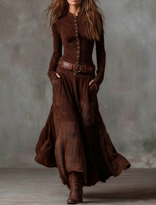 Aurelia | Long Dress with Plaid Panels and Belt in Brown