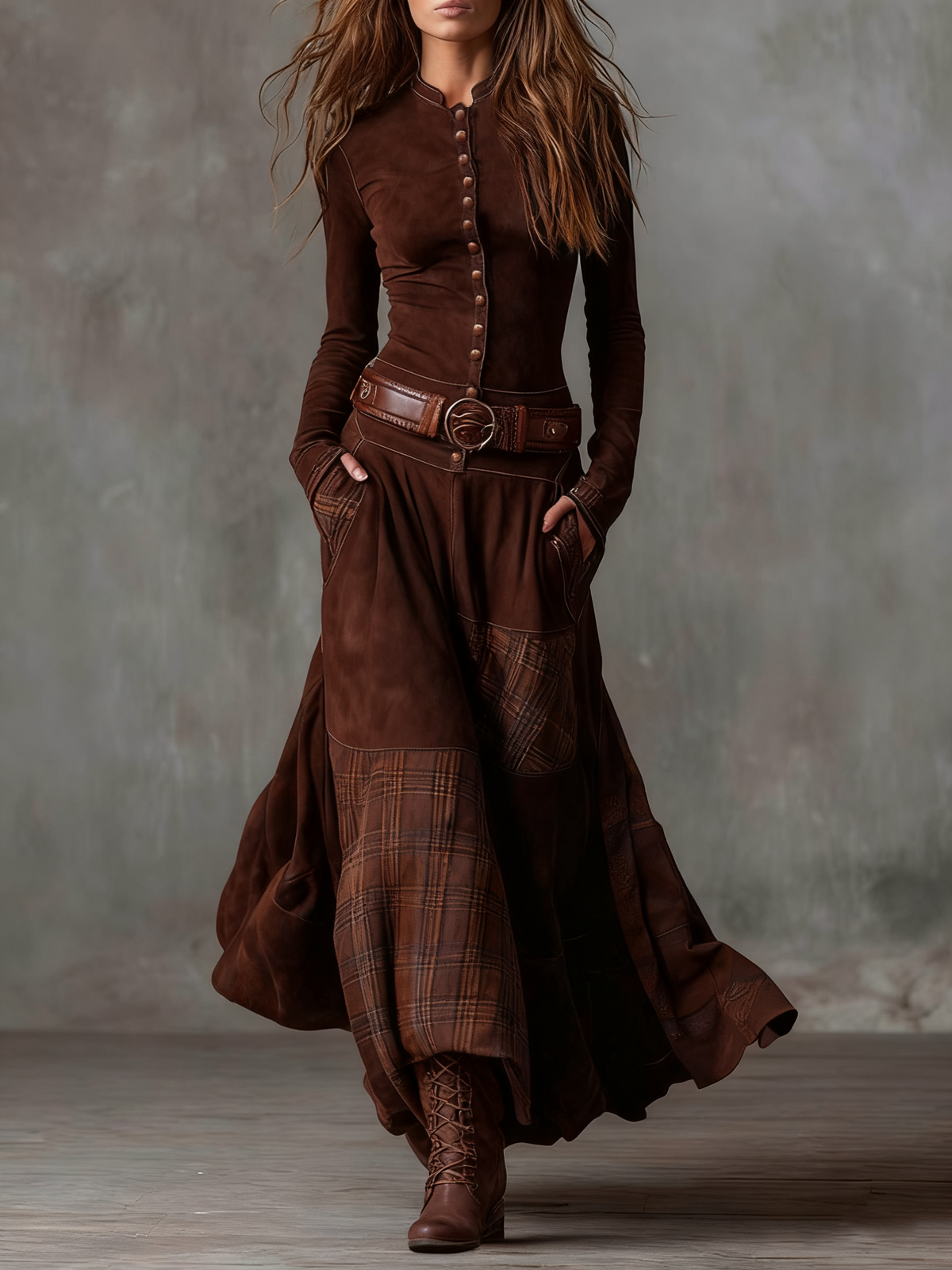Aurelia | Long Dress with Plaid Panels and Belt in Brown