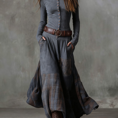 Aurelia | Long Dress with Plaid Panels and Belt in Gray