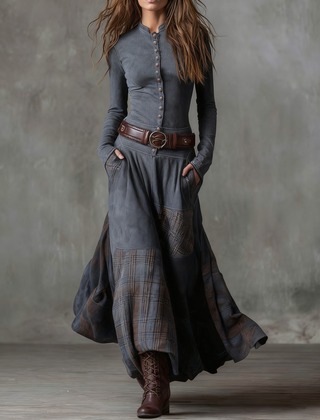 Aurelia | Long Dress with Plaid Panels and Belt in Gray