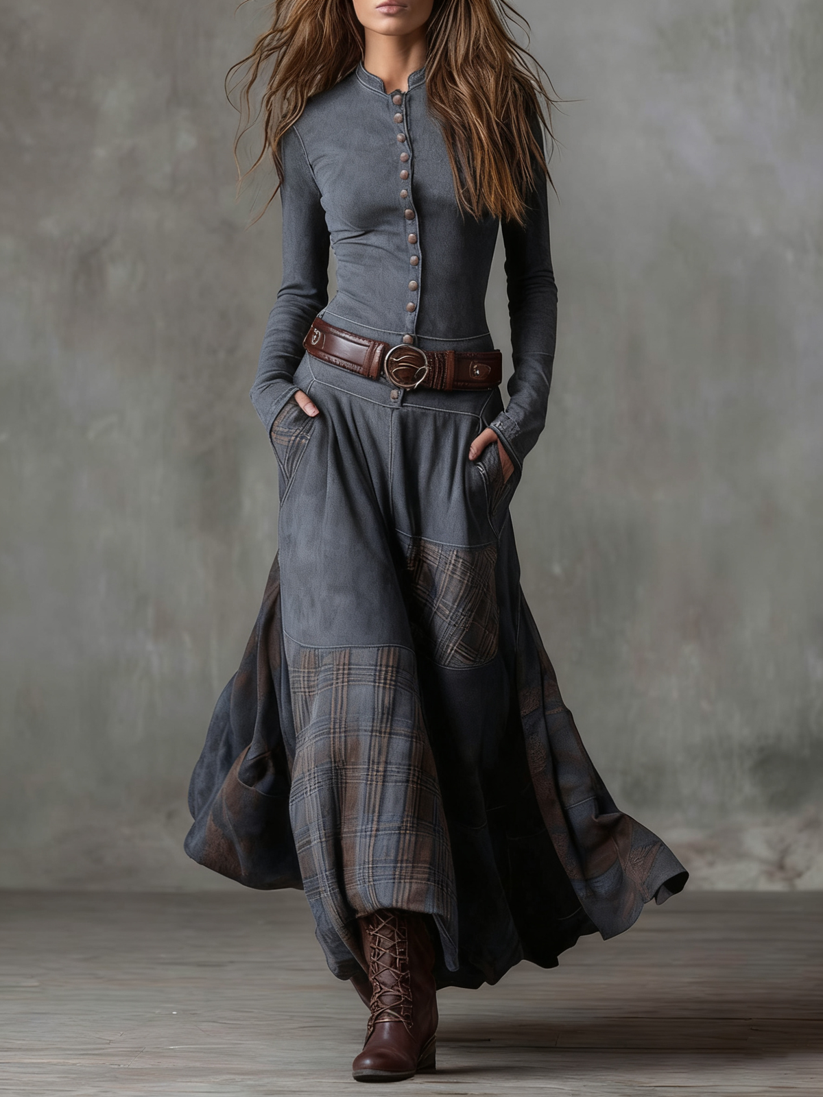 Aurelia | Long Dress with Plaid Panels and Belt in Gray