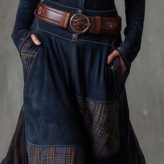Aurelia | Long Dress with Plaid Panels and Belt