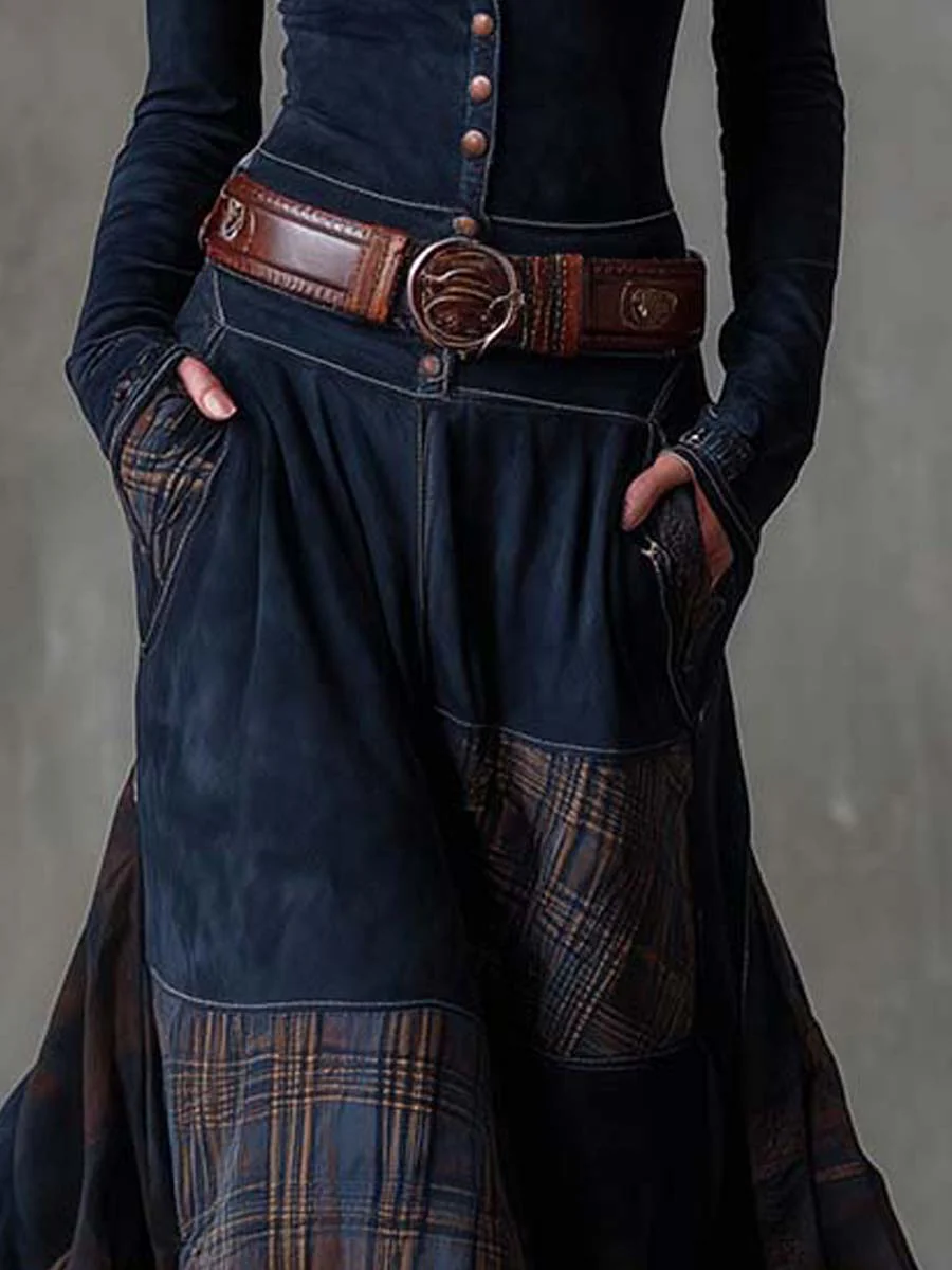Aurelia | Long Dress with Plaid Panels and Belt