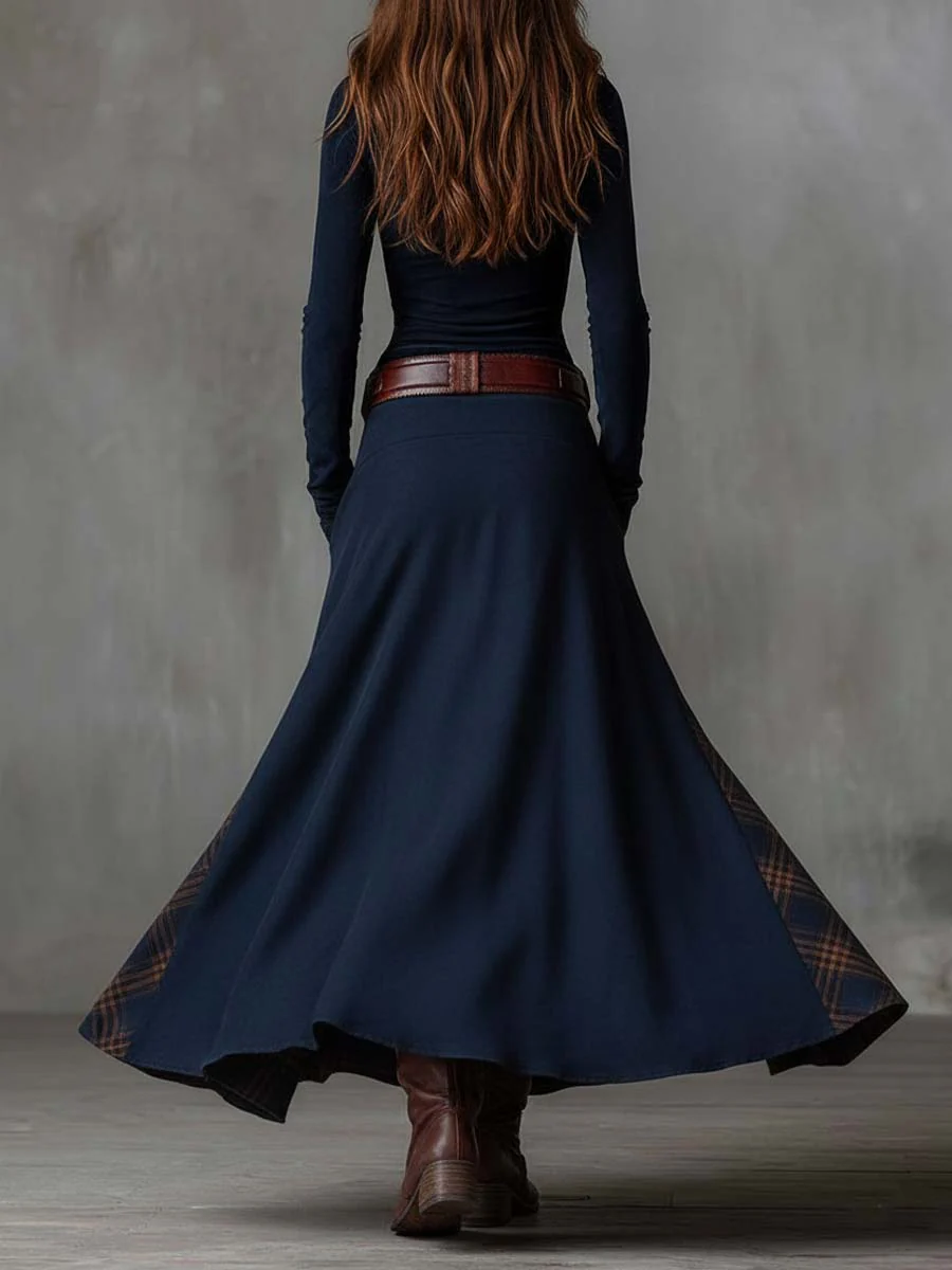 Aurelia | Long Dress with Plaid Panels and Belt